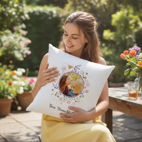 Personalisiertes Fotokissen mit 4 Fotos und Text – 40 x 40 cm selbst gestalten