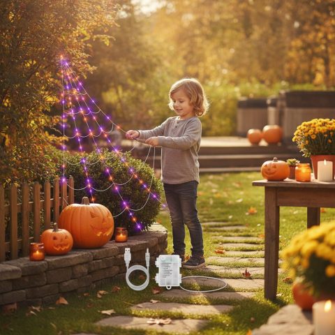 Leuchtendes Spinnennetz im Garten zu Halloween