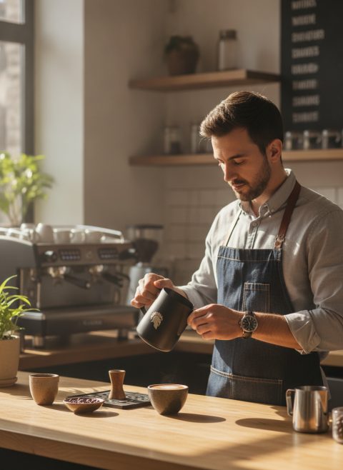 Schwarzes Milchkännchen im Café – Latte Art am Vormittag