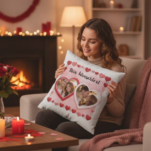 Fotokissen mit zwei Herzen im Wohnzimmer zum Valentinstag