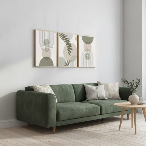 Abstrakte Boho Wandbilder in Grün – 3er Set über dem grünen Sofa