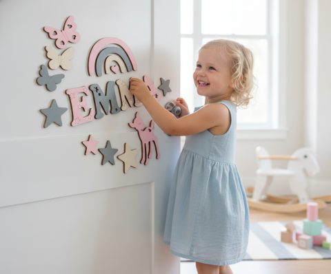 Schöne Holzbuchstaben als Namensschild an der Kinderzimmertür