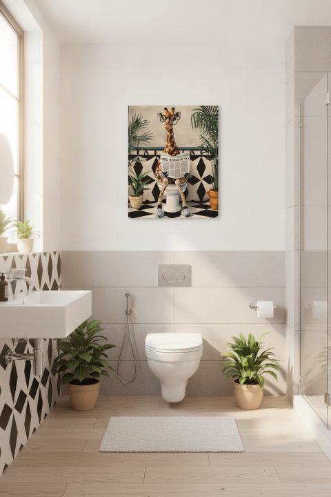 Lustiges Leinwandbild mit Giraffe auf der Toilette – Wanddeko fürs moderne Bad