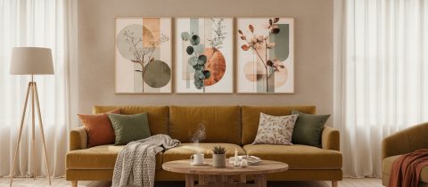 Poster Set mit abstrakter Blumenkunst über dem Sofa im Wohnzimmer
