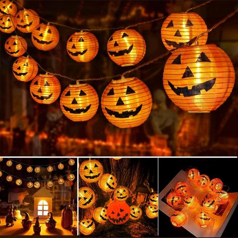 Kürbis-Lichterkette für Halloween – 20 leuchtende Laternen für drinnen und draußen