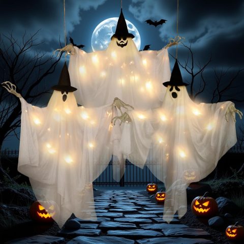 Leuchtende Halloween-Geister mit Hexenhut – 3er-Set zum Aufhängen