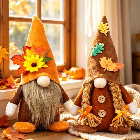 Zwei Herbstwichtel mit Sonnenblume und Ahornblatt
