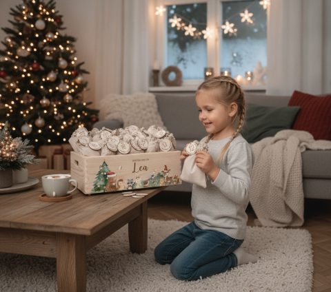 Adventskalender aus Holz mit Namen – zum Befüllen für Kinder