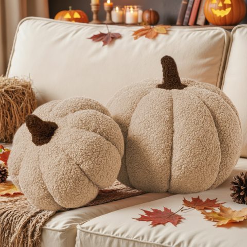 Kürbiskissen in Beige – weiche Herbstdeko fürs Wohnzimmer