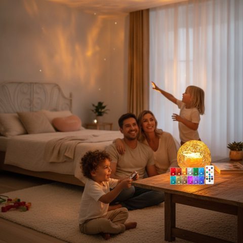 Sternenhimmel-Projektor als Nachtlicht im Familienschlafzimmer