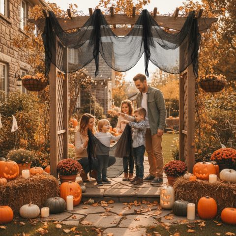 Schwarzes Gruseltuch für den Vorgarten – Halloween-Deko für Familien