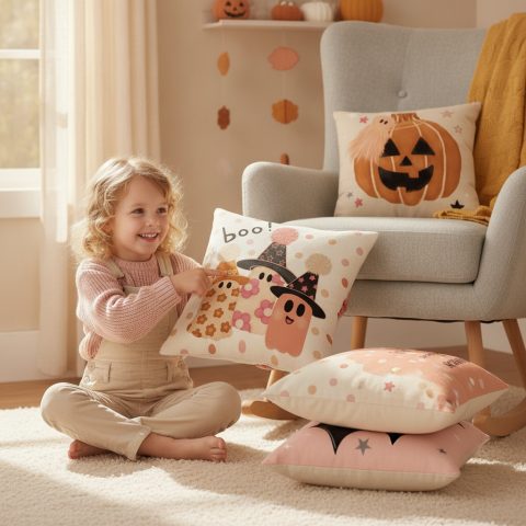 Halloween-Kissenbezüge im Kinderzimmer: Kürbis, Fledermaus und Geist