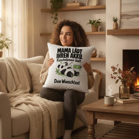 Kissen mit Panda-Spruch für Mama – Kuschelpause im Wohnzimmer