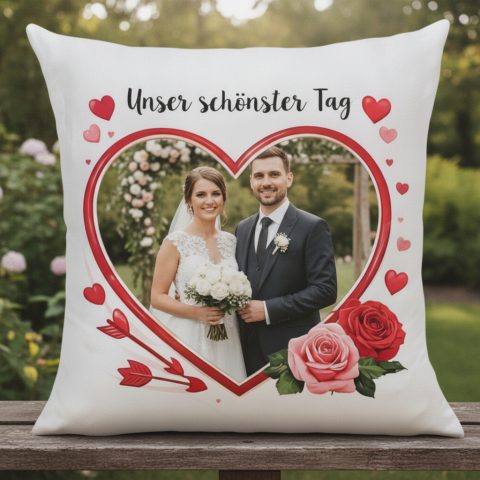 Fotokissen mit Herzrahmen – personalisiert zum Jahrestag