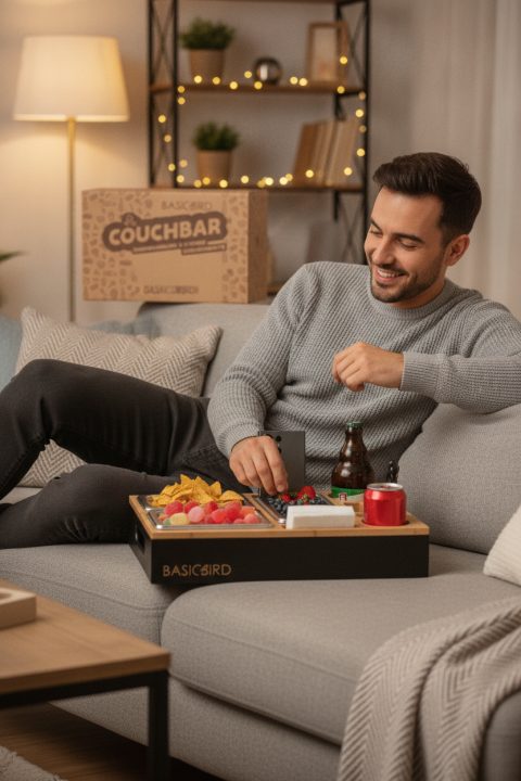 Couchbar aus Bambus im Wohnzimmer – Snacks und Getränke am Sofa