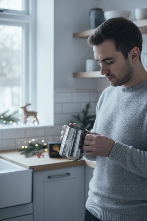 Milchkännchen aus Edelstahl – Latte Art in der Küche an Weihnachten