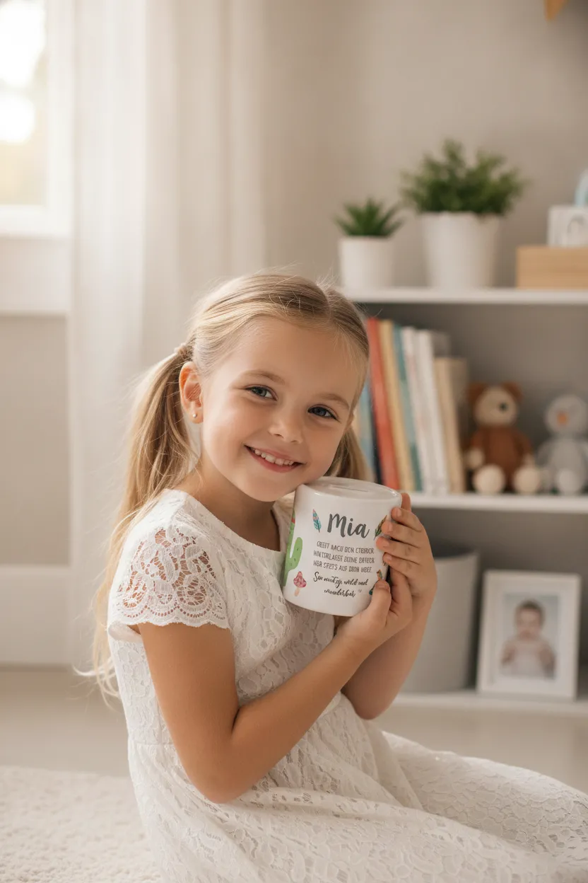 Boho Spardose in Weiß, Grün und Rosa fürs Kinderzimmer – Bild 3